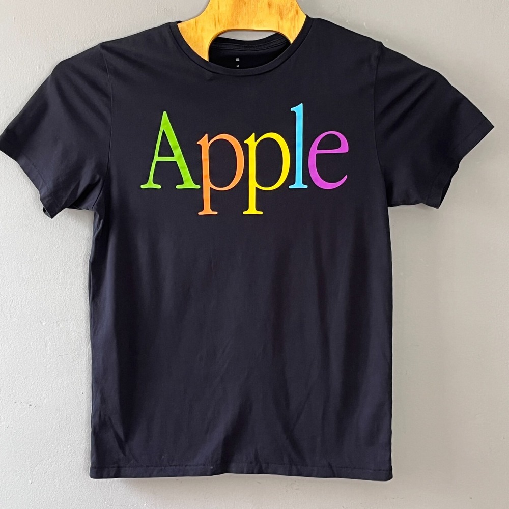 Apple‎ Vintage 90s Rainbow Logo Spellout T-Shirt Unisex M Black Casual Everyday